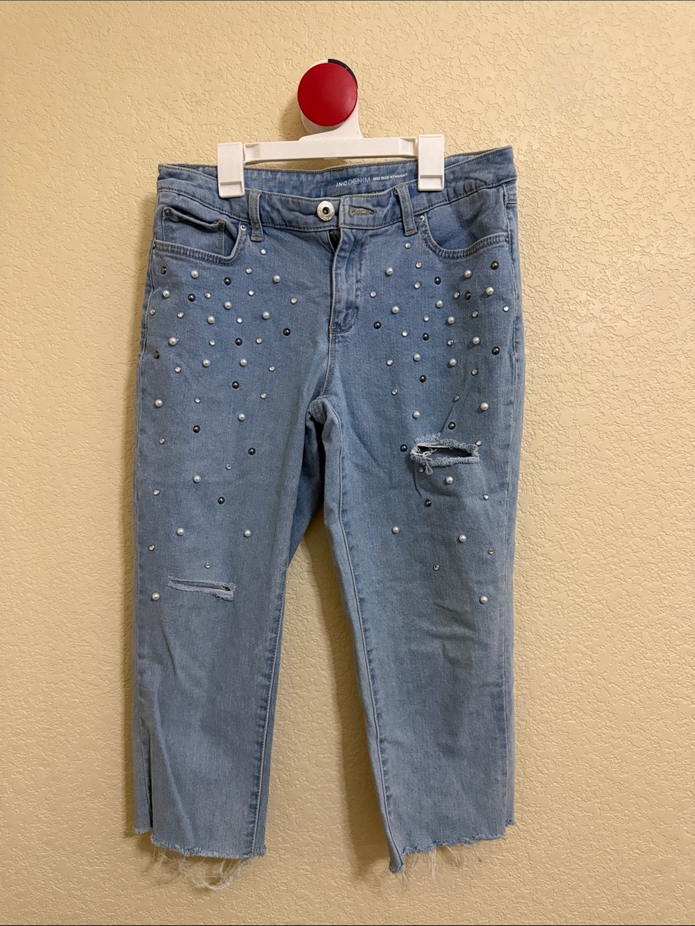 INC Denim Mid Rise Straight Crop Jeans Pearl Rhinestone Embellished Size 8/29